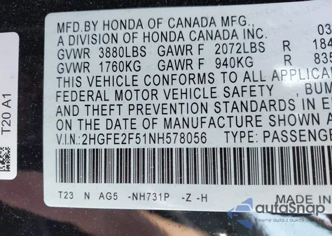 2022 Honda Civic Sport z USA, uszkodzony, nr VIN 2HGFE2F51NH578056